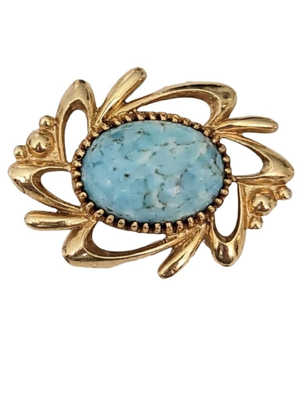 Bell Jewelry Blue Marbled Oval Glass Cabochon Brooch Pin, Signed